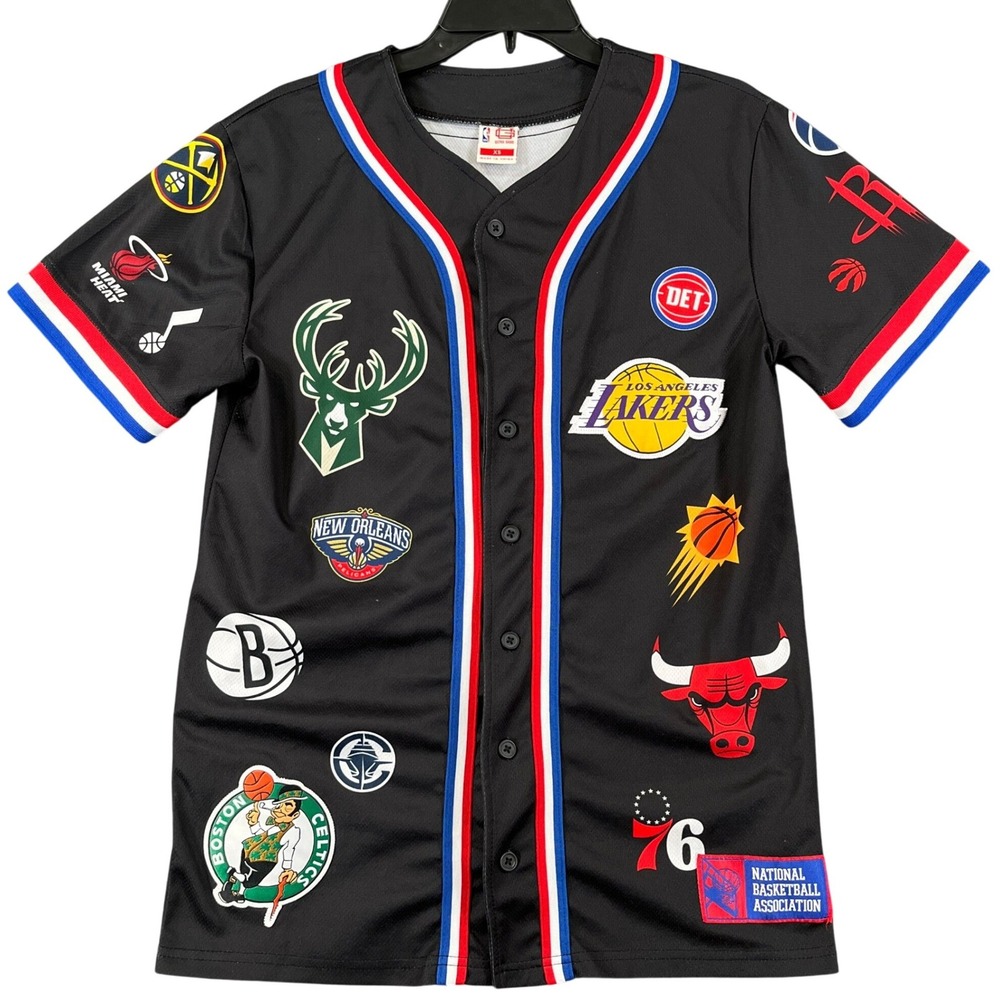 NBA Ultra Game Baseball Jersey Mens XS All Over Team Logos Button Up Sportswear